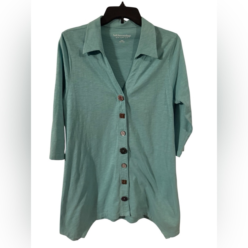 Soft Surroundings Aqua three-quarter length teal/aqua Button-Down Women's Shirt